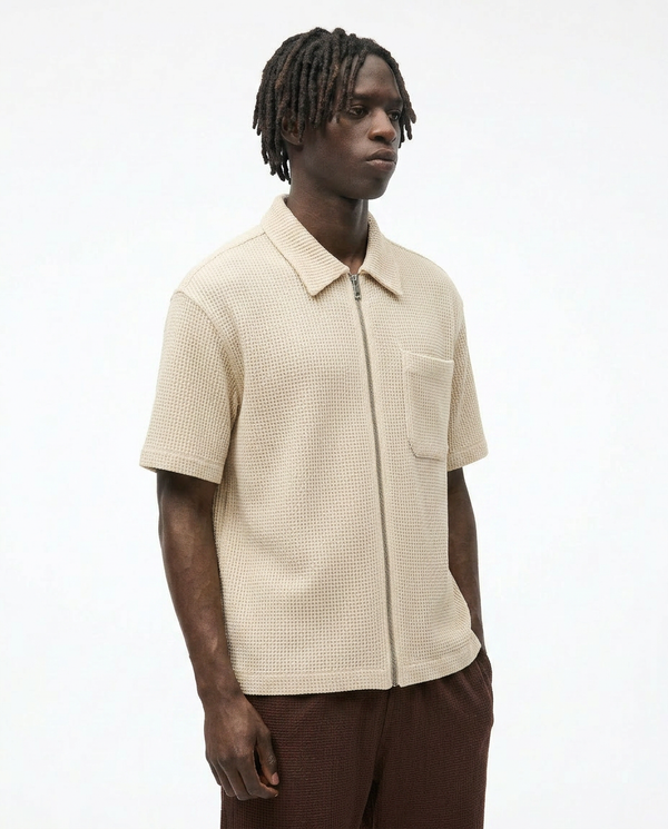Premium Waffle Knit Zip-Up Polo Shirt