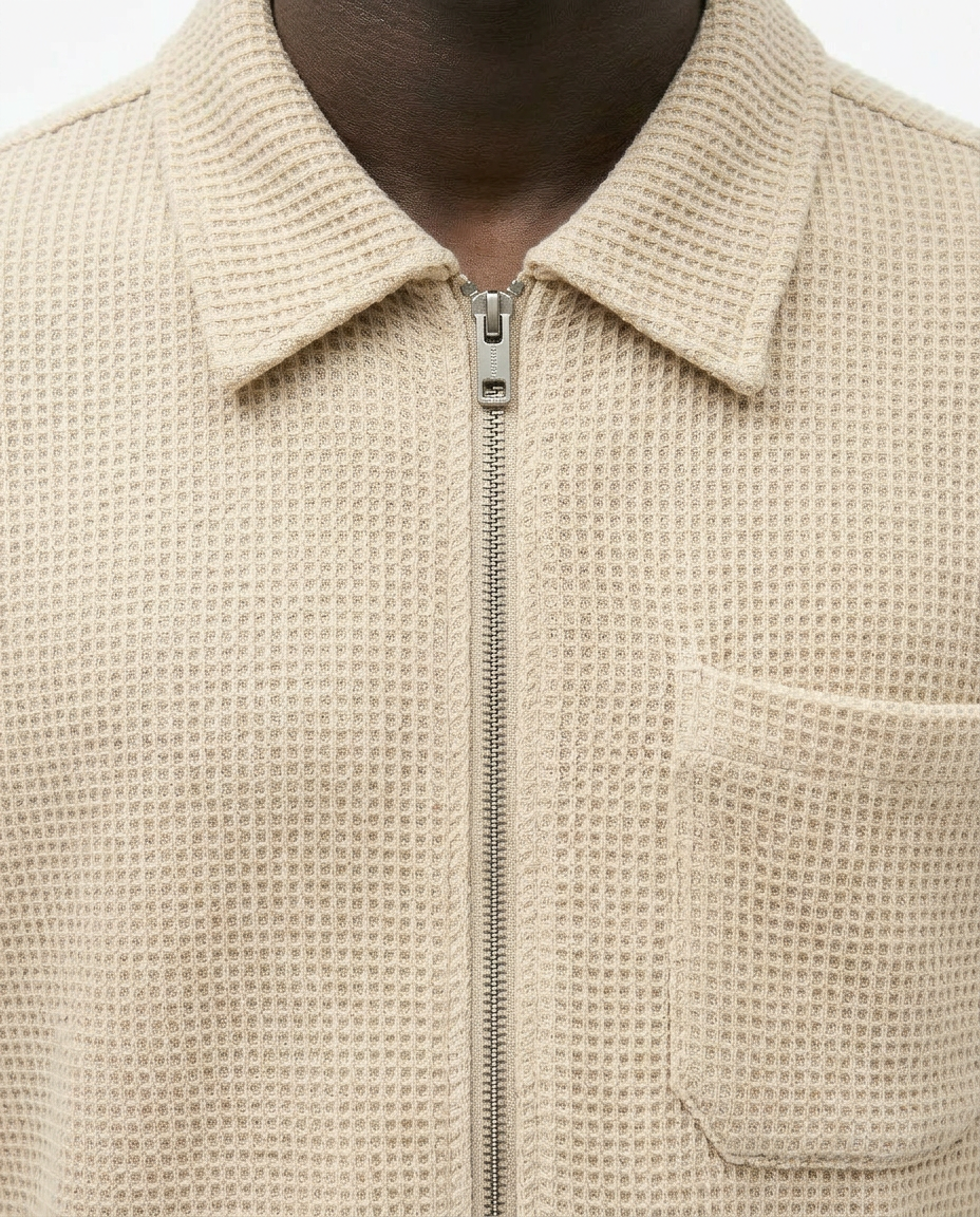 Premium Waffle Knit Zip-Up Polo Shirt
