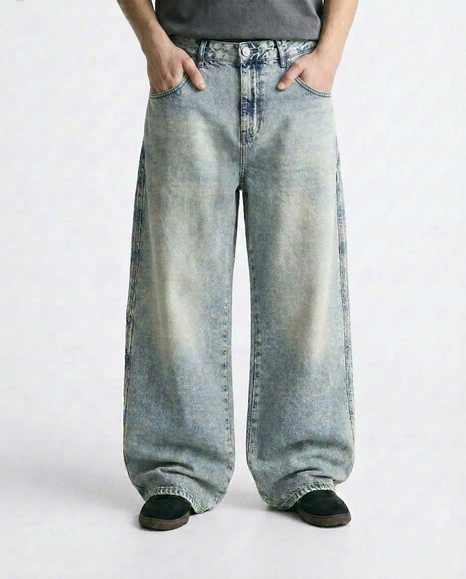 Textured Acid-Wash Wide-Leg Jeans