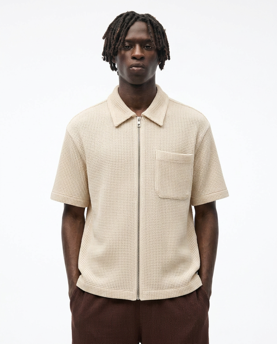 Premium Waffle Knit Zip-Up Polo Shirt