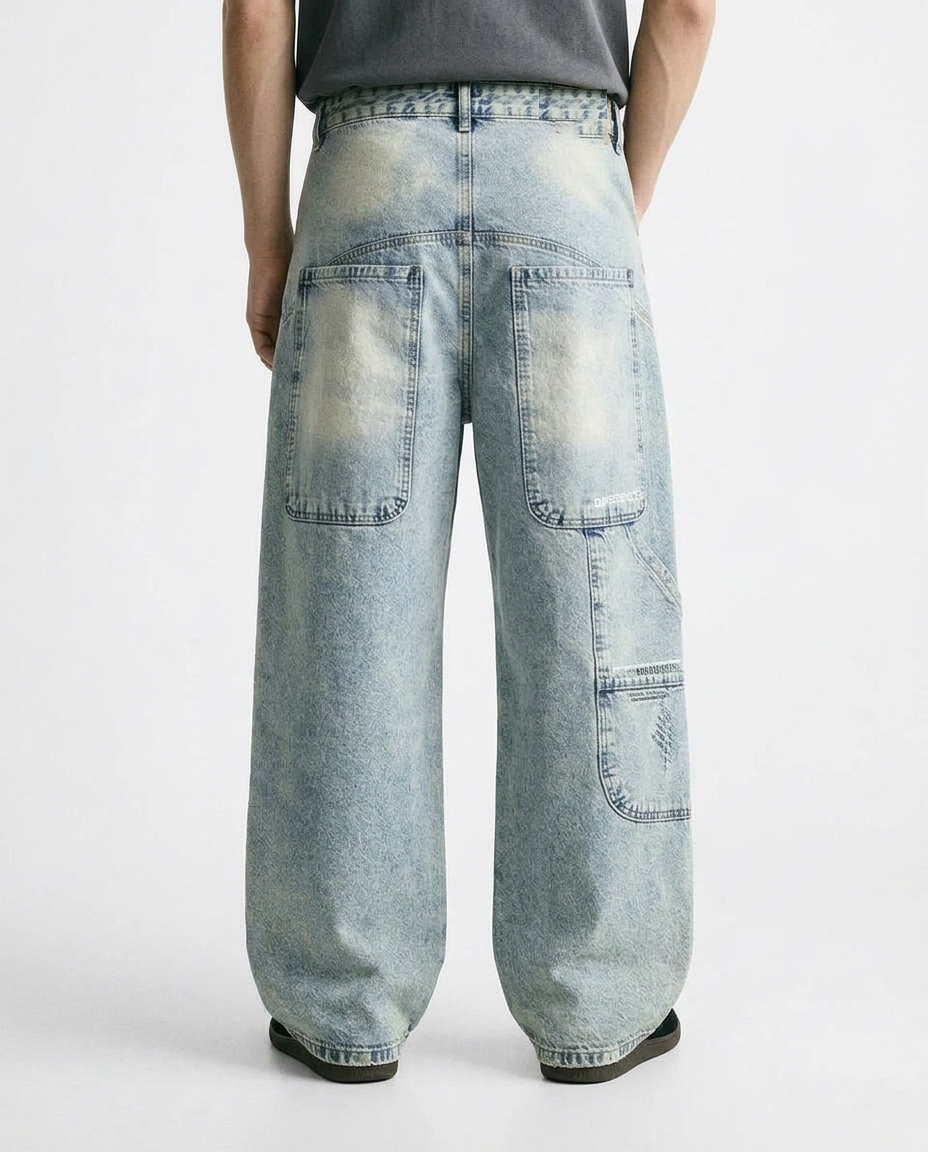 Textured Acid-Wash Wide-Leg Jeans