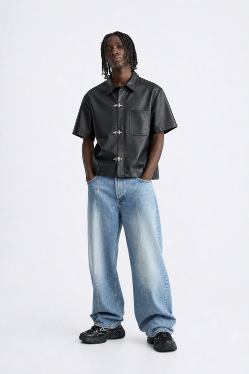 Black Faux Leather Shirt with Metal Clasp